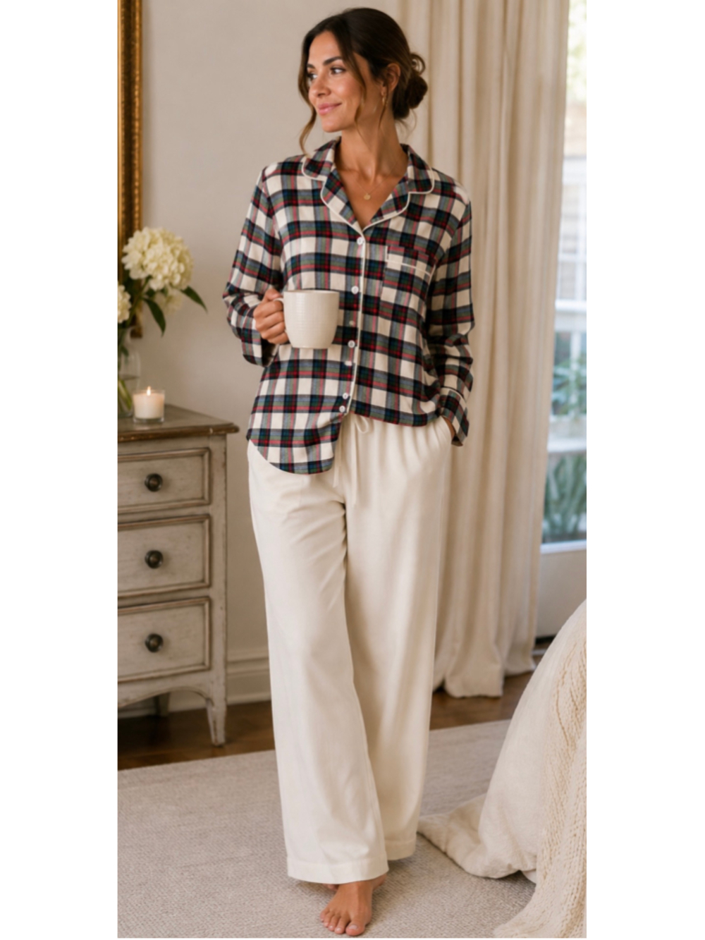 Women's The Company Store Plaid Pajama Top Size S Beige Red New!